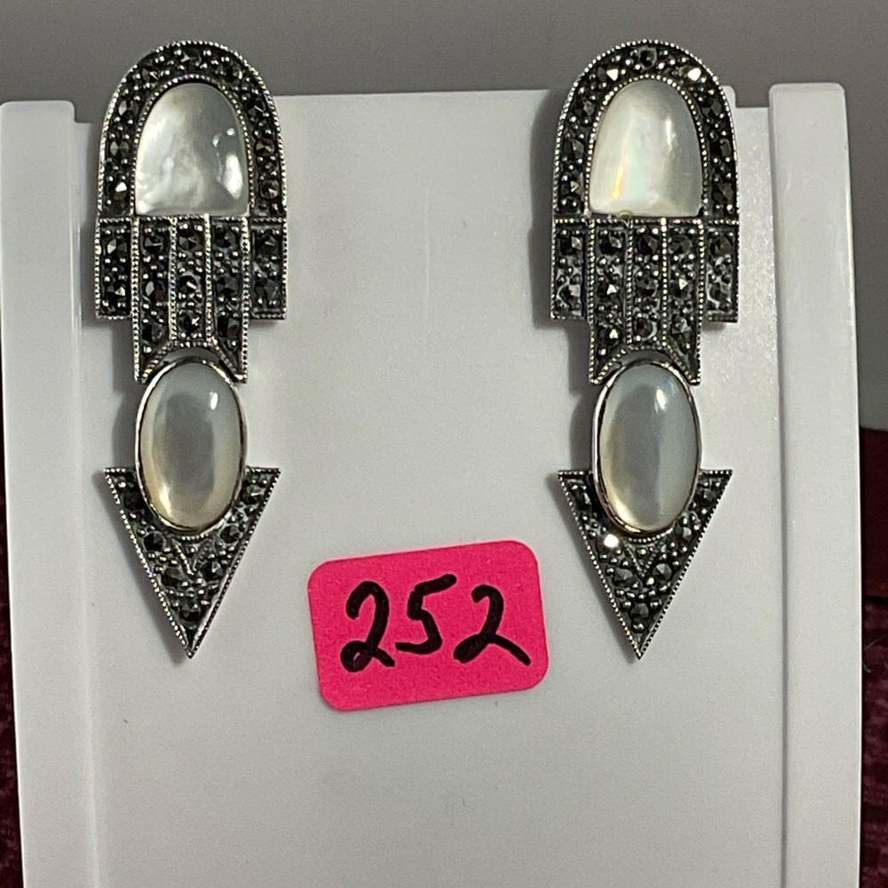 Vintage Deco style Earrings Marquiste Sterling Silver and Mother of Pearl